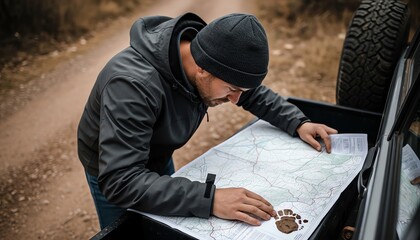 Obraz premium Wildlife researcher analyzing topographical map on muddy 4x4 bumper during overcast midday high angle view