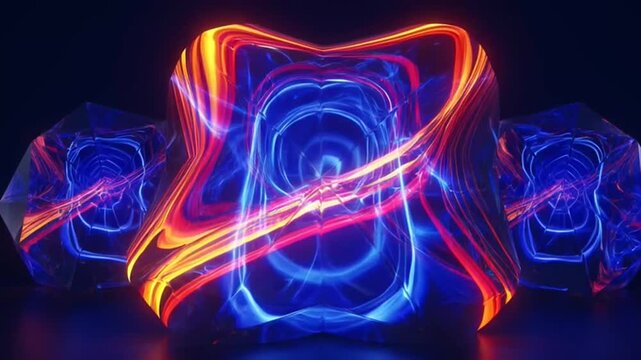 Abstract futuristic geometric forms glowing with vibrant neon light and energy trails