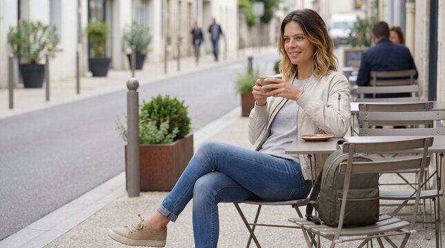 femme moderne tenue printemps qui fait une pause en ville prend un caf&eacute; en terrasse