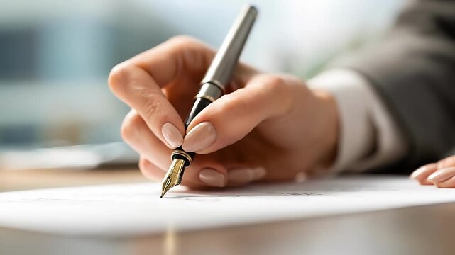 Close-up of a hand holding a fountain pen, poised to sign a document on a wooden desk; professional, focused moment of signing a contract