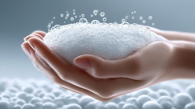 Gentle hands cupping a generous amount of fluffy white soap foam with rising bubbles