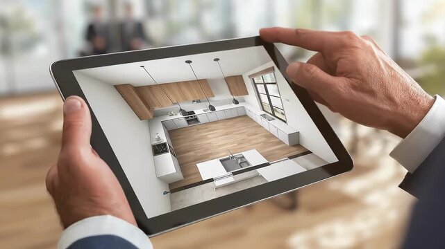 A tablet displays a 3D floor plan of a modern kitchen and open living area; hands hold the device in a bright interior.