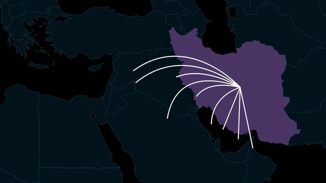 4K Map Animation Showing Iran Military Strike Routes Toward Regional Countries With Animated White Lines Geopolitical Conflict In Middle East