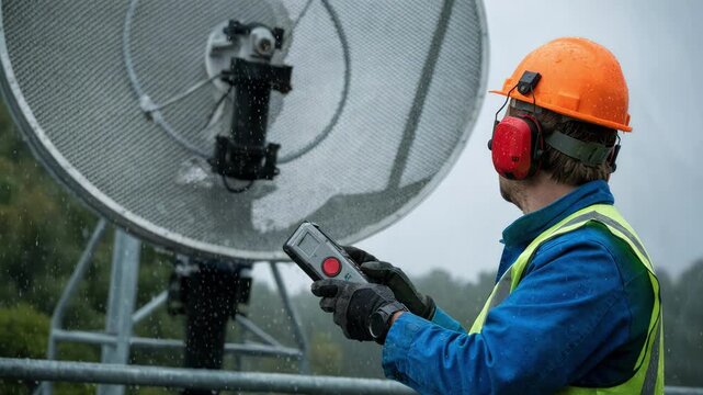 Medium shot of a technician using a signal meter beside a microwave dish on a tower focus on the meter and dish while the lower tower base remains out of focus.