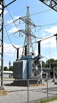 Electric power transmission tower station.