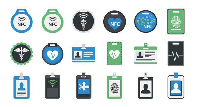 Collection of Various ID Badges and NFC Tags Flat Design.