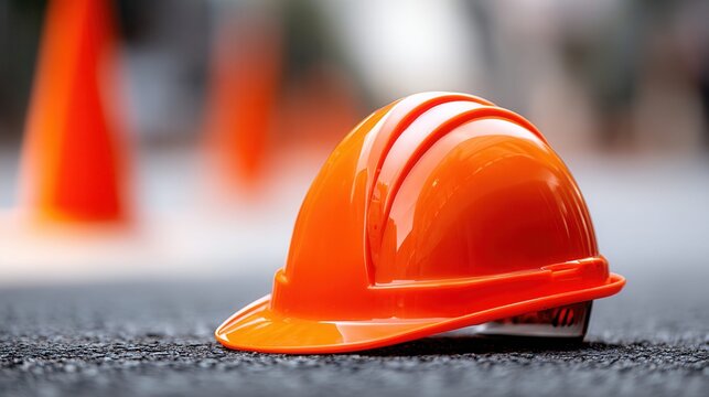 Orange hard hat and traffic cones on asphalt, safety equipment for construction workers