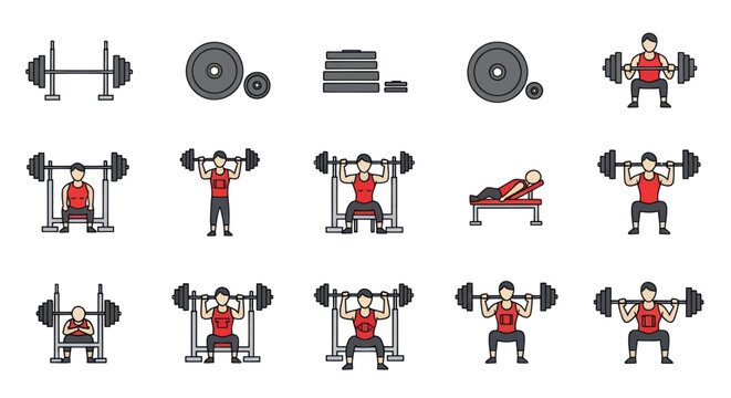 Weightlifting and powerlifting exercise icon set featuring a male character with a barbell plates and gym equipment.
