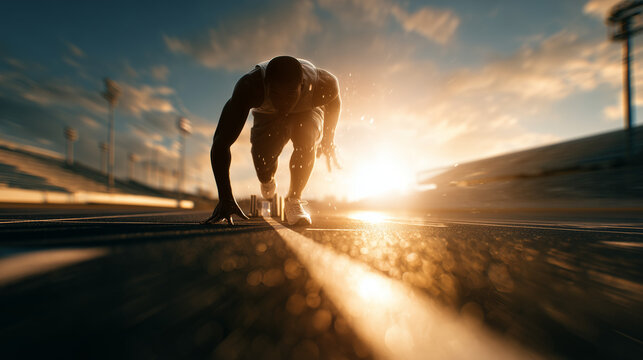 ultra realistic teenage runner starting sprint on track field, explosive start of male athlete in sunset stadium, athletic performance and high speed sports photography