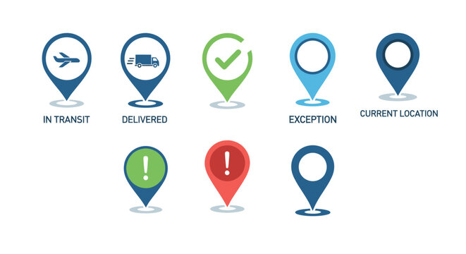 Collection of flat design map pin icons for delivery tracking and location status.