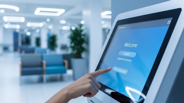 Modern Hospital Reception Kiosk for Patient Check-in and Information.