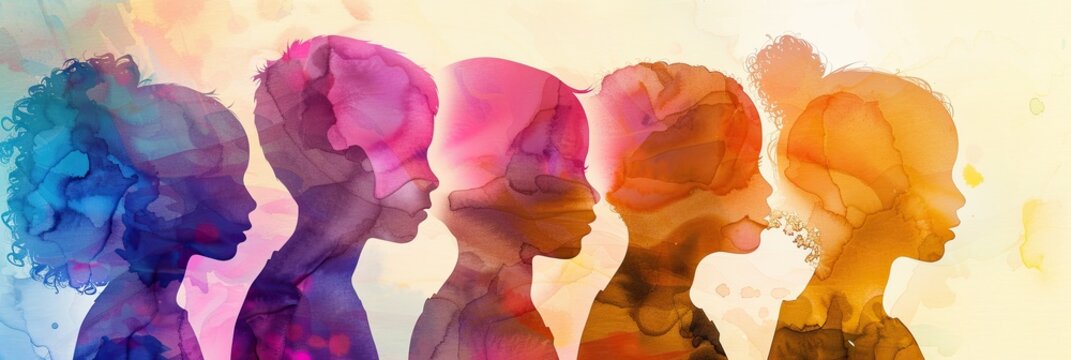 Abstract Watercolor world autism awareness day 2026 - silhouettes of diverse children in vibrant spectrum colors. Conceptual illustration of neurodiversity, autism awareness.