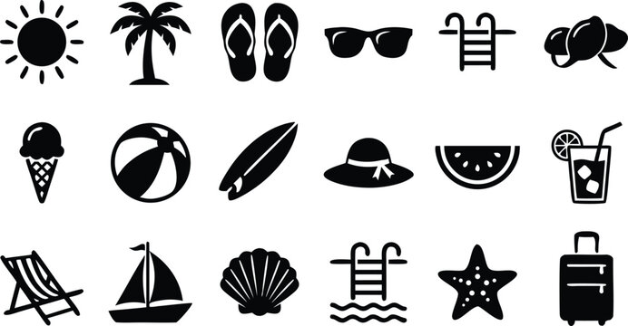 summer beach holiday icon set. vacation, tropical travel, swimming pool. vector illustration