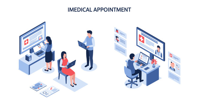 Isometric illustration of people managing medical appointments and patient data on computers.
