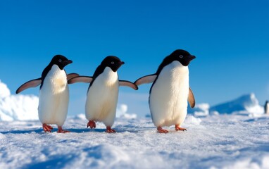 Fototapeta premium Penguins Walking Together on Icy Terrain in Bright Snowy Conditions