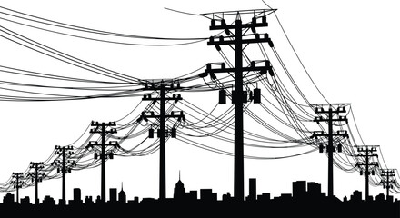 Black and white silhouette illustration of utility poles, power lines, and urban city skyline, modern infrastructure vector art for digital design projects