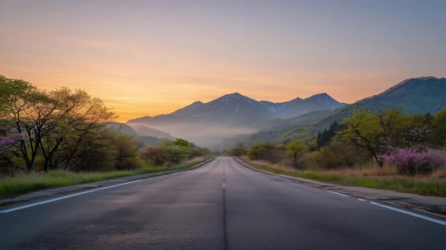 春の夜明け色に満ちる山道、若葉が寄り添う一直線の旅路