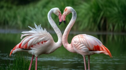 Naklejka premium Pair of Pink Flamingos Forming Heart Shape with Graceful Necks in Tranquil Wetland, Romantic Wildlife Scene with Elegant Birds Standing in Shallow Water Surrounded by Lush Green Nature Background