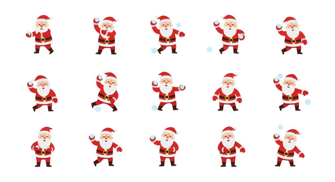 A festive collection of cartoon Santa Claus characters in various dynamic poses and expressions for Christmas.