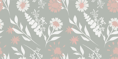 Delicate floral pattern with pink and white wildflowers on a gray background