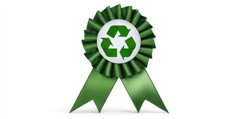 The green rosette ribbon with a recycle symbol for eco certification award