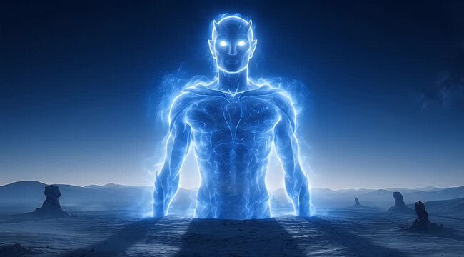 Ethereal blue glowing humanoid figure stands in a vast, barren, shadowy desert landscape