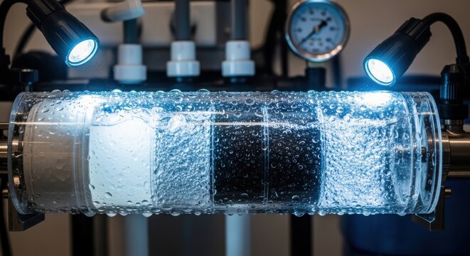 Close up of advanced water filtration system in action, showcasing purified liquid flowing through transparent tubes with pressure gauge.