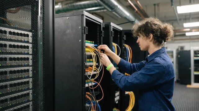 Medium shot of a technician configuring patch panels in a small business telecom equipment room with racks sharply focused against a blurred background.
