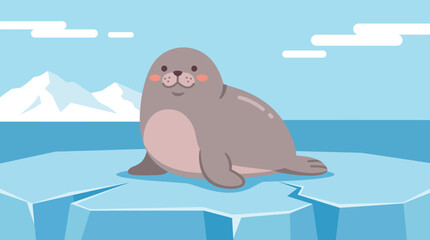 Cute cartoon seal sitting on an ice floe in a blue arctic ocean with icebergs in the background, a charming illustration. © Abhinaya Project