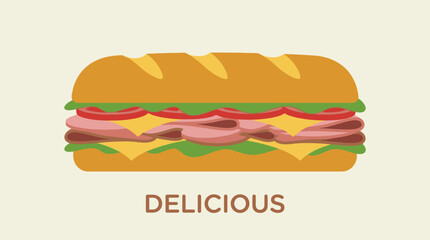 A cartoon illustration of a delicious submarine sandwich with ham, cheese, lettuce, and tomato on a light background.