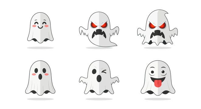 Collection of Cartoon Ghosts with Varying Expressions for Halloween.