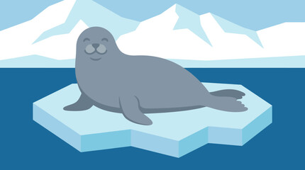 A happy cartoon seal rests peacefully on a floating ice floe in a calm blue ocean with icebergs in the background, depicting an arctic scene. © Abhinaya Project