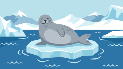 Happy cartoon seal resting on an ice floe in a cold arctic ocean with icebergs and mountains. © Abhinaya Project