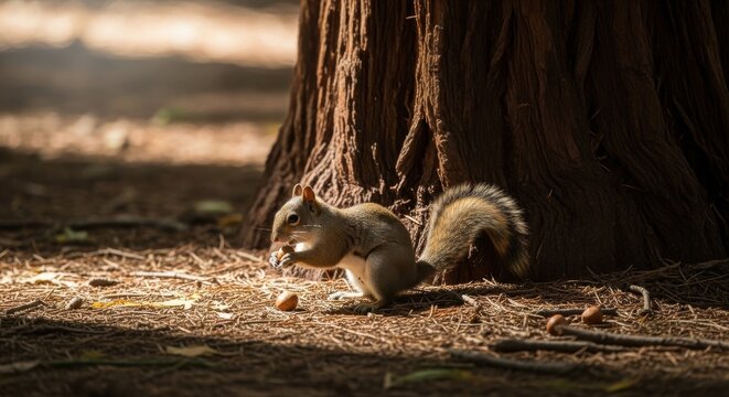 A curious squirrel busily burying a nut at the base of a large tree in a sunlit forest