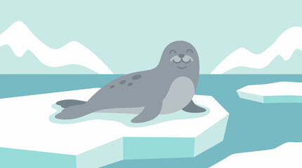 A happy cartoon seal with grey fur and spots sits on a white ice floe in a blue arctic ocean with distant icebergs and mountains under a light blue sky. © Abhinaya Project