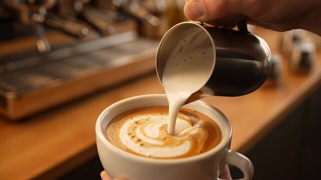 Pouring foamy milk into a cup of coffee to create latte art design