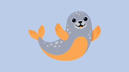 A cute cartoon grey seal with orange flippers and tail, smiling happily on a light blue background, perfect for children's designs. © Abhinaya Project