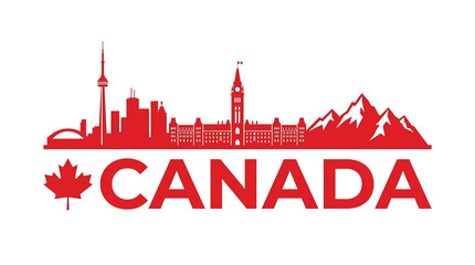 Fototapeta premium Vibrant red Canada logo with city skyline and maple leaf symbol on white background, representing travel and tourism.