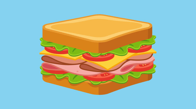 An isometric cartoon illustration of a delicious layered sandwich with ham, cheese, lettuce, and tomato between two slices of toasted bread on a light blue background.