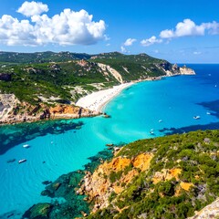 Obraz premium Azure ocean hugs white sand, framed by green hills under a blue sky dotted with clouds