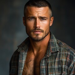 Obraz premium Captivating gaze of a confident man in a plaid shirt against a moody backdrop