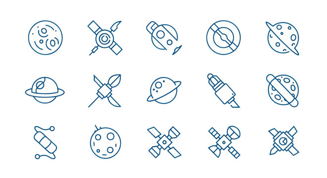 Space icons satellites planets and rockets