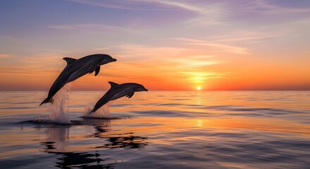 Fototapeta premium Two dolphins jumping out of the ocean at sunset