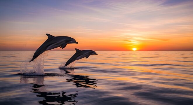 Two dolphins jumping out of the ocean at sunset