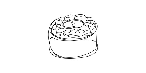 Continuous line drawing of a single sushi roll piece with toppings on a white background. © Badhon_Designer