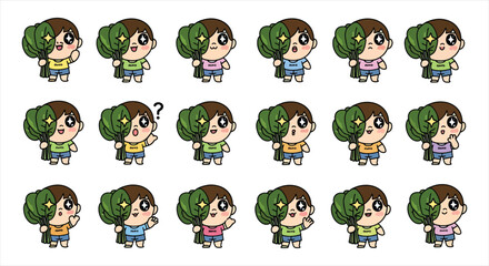 Obraz premium Cute Boy Character Emote Sticker Set, Cartoon Chibi Boy Emoji Pack, Funny Reaction Face Icons Vector