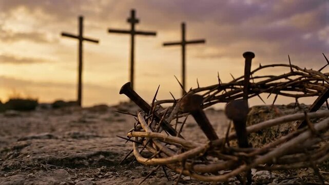 Realistic organic thorny crown and authentic ancient spikes rest on rocky ground below three massive crucifixes, for use in profound religious tributes.