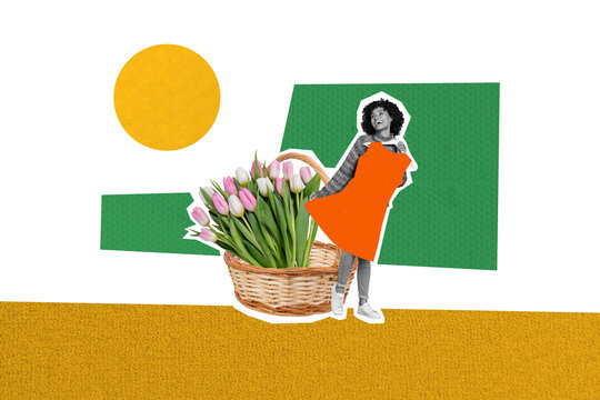 Creative trend artwork design collage sketch of plant season flower silhouette young lady stand hand hold dress gift tulip bouquet basket
