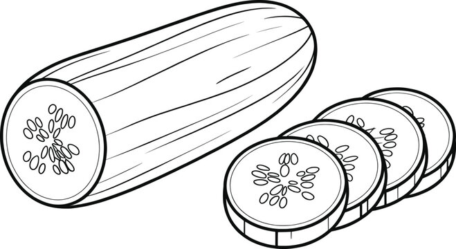 One whole striped cucumber positioned alongside four distinct cross-section slices clearly displaying the internal seed pattern for a food illustration.
