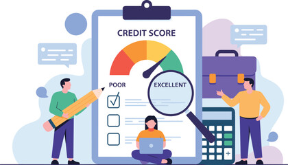 Credit, score, concept, with, people, analyzing, financial, rating, on, clipboard, showing, excellent, and, poor, levels, for, loan, banking, and, investment.